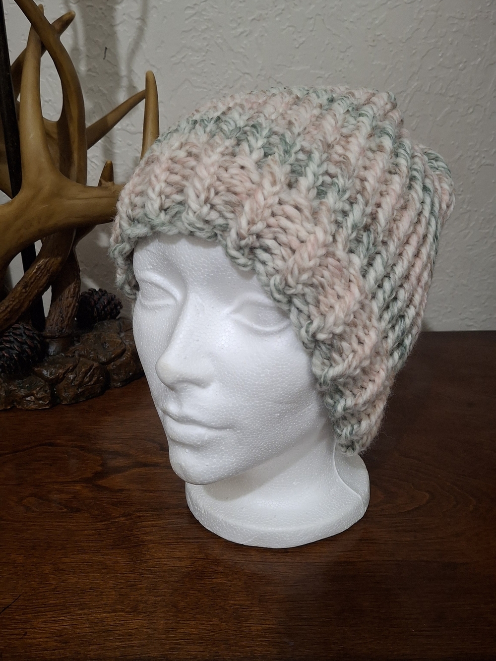 Hand-Knit Beanie in Blush Pink & Sage